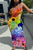Black Red Floral Print Sleeveless Backless Spaghetti Strap Square Neck Vacation Bodycon Maxi Slip Dress