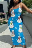 Yellow Christmas Sleeveless Santa Claus Snowman Print Backless Spaghetti Strap Long Bodycon Maxi Slip Dress