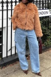 Blue Casual High Waist Wide Leg Ripped Denim Jeans