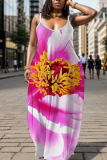 Blue Graphics Print Backless Spaghetti Strap Floor Length Vacation Baggy Sundress Maxi Slip Dress