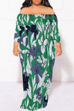 Orange Floral Print Leopard Off Shoulder Long Sleeve Plus Size Bodycon Maxi Dress
