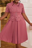 Bean Paste Pink Casual Lace Flower Print Turndown Collar Short Sleeve Formal Party Evening Pleated Midi Dress