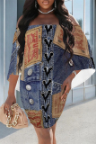 Dark Blue Casual Faux Denim Print Flutter Sleeve Off Shoulder Irregular Plus Size Mini Dresses