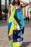 Black Gold Graphics Print Backless Spaghetti Strap Floor Length Vacation Baggy Sundress Maxi Slip Dress