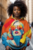 Orange Casual Figure Print Long Sleeve Fall Winter Hooded Sweatshirt