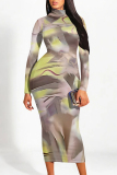 White Gray Street Floral Print Half A Turtleneck Long Sleeve Bodycon Maxi Dresses