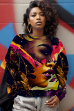 Brown Casual Floral Print O Neck Long Sleeve Fall Winter Sweatshirt
