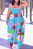 Purple Floral Print Backless Spaghetti Strap Floor Length Vacation Baggy Sundress Maxi Slip Dress
