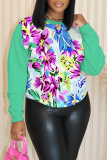 Light Blue Casual Floral Print O Neck Long Sleeve Sweatshirt