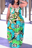 Purple Floral Print Backless Spaghetti Strap Floor Length Vacation Baggy Sundress Maxi Slip Dress
