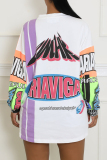 White Casual Letter Print O Neck Long Sleeve Straight Oversize Mini T-shirt Dresses