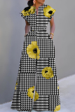 Black Floral Print V Neck Short Sleeve Casual Vacation Wide Leg Jumpsuit