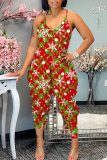 Claret Christmas Print Sleeveless Backless Daily Vacation Loose Cami Harem Jumpsuit