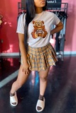 White Casual Bear Cartoon Print O Neck Short Sleeve T-shirt And Plaid Pleated Mini Skirt Two Pieces Dress Sets