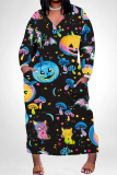 Black White Casual Halloween Skull Graffiti Print V Neck Long Sleeve Pokcets Vacation Loose Straight Maxi Dress