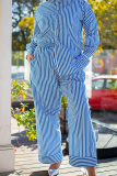 Blue Long Sleeve Stripe Blouse and Wide Leg Pants Casual Vacation Turndown Collar Long Sleeve Pocket Two Pieces Trouser Sets