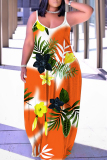 Purple Floral Print Backless Spaghetti Strap Floor Length Vacation Baggy Sundress Maxi Slip Dress