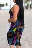 Leopard Street Geometric Lips Print U Neck Sleeveless Vacation Bodycon Midi Tank Dress