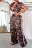 Casual Camouflage Print V Neck Short Sleeve Front Tie Crop Tops And Tassel Wide Leg Pants Two Pieces Trouser Sets