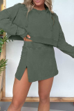 Rose Red Casual O Neck Long Sleeve Velvet Crop Sweatshirt And Slit Mini Skirt Sportwear Two Pieces Dress Sets
