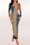 Dark Blue Casual Faux Denim Print Contrast U Neck Long Sleeve Bodycon Maxi Dresses