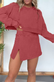 Rose Red Casual O Neck Long Sleeve Velvet Crop Sweatshirt And Slit Mini Skirt Sportwear Two Pieces Dress Sets