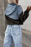 Black Casual Zipper Long Sleeve Washed Denim Patchwork Hooded Sweatshirt