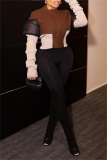Brown High Neck Long Sleeve Casual Outing Streetwear Zip-Up Knit Patchwork Cropped Jacket Fall Winter Women's Outerwear