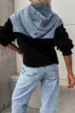 Black Casual Zipper Long Sleeve Washed Denim Patchwork Hooded Sweatshirt