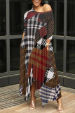 Brown Casual Plaid Geometric Print O Neck 3/4 Sleeve Pocket Irregular Hem Loose Vacation Maxi Dresses