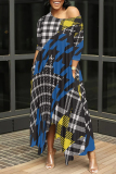Brown Casual Plaid Geometric Print O Neck 3/4 Sleeve Pocket Irregular Hem Loose Vacation Maxi Dresses