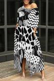 Brown Casual Plaid Geometric Print O Neck 3/4 Sleeve Pocket Irregular Hem Loose Vacation Maxi Dresses