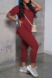 Black Casual V Neck Short Sleeve Slit T-shirt And Skinny Pants Plus Size Two Pieces Trouser Sets