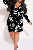 Multicolor Casual Geometric Flowers Print Lace Up V Neck Long Sleeve Ruffle Hem Vacation Plus Size Bodycon Midi Dresses