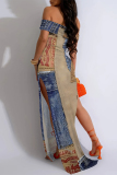 Dark Blue Faux Denim Print Off Shoulder Short Sleeve Side Slit One Step Skirt Party Evening Party Bodycon Maxi Dresses