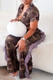 Casual Camouflage Print V Neck Short Sleeve Front Tie Crop Tops And Tassel Wide Leg Pants Two Pieces Trouser Sets
