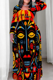 Orange Red Casual Graphics Print O Neck Long Sleeve Straight Loose Plus Size Maxi Dresses