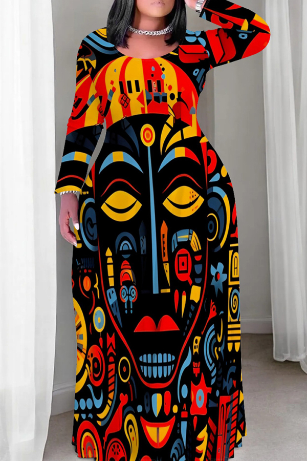 Orange Red Casual Graphics Print O Neck Long Sleeve Straight Loose Plus Size Maxi Dresses