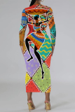 Brown Casual National Totem Print O Neck Long Sleeve Wrapped Skirt Bodycon Midi Dress