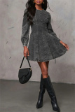 Black Casual O Neck Long Sleeve Pleated Denim Mini Dresses