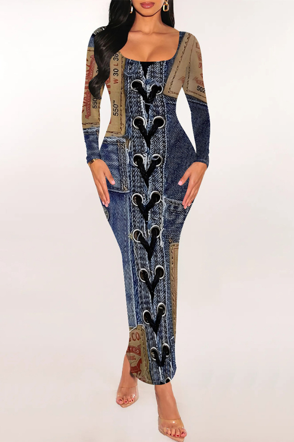 Dark Blue Casual Faux Denim Print Contrast U Neck Long Sleeve Bodycon Maxi Dresses