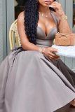 Grey Sleeveless Backless Long Vacation Halter Pleated Maxi Slip Dresses