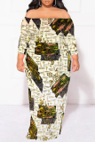 Beige Geometric Polka Dot Leopard Print Off Shoulder Long Sleeve Plus Size Bodycon Maxi Dress