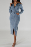 Light Blue Street Turndown Collar Long Sleeve Pocket Buckle Front Slit Denim Midi Dresses