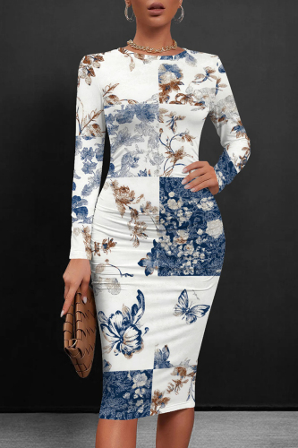 Navy Blue Street Floral Print O Neck Long Sleeve Bodycon Midi Dresses