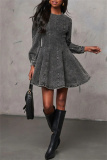 Black Casual O Neck Long Sleeve Pleated Denim Mini Dresses