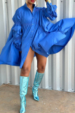 Blue Casual Shirt Collar Lantern Sleeve Buttons Vacation Pleated Ruched Shirt Midi Dresses