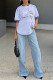 White Casual Sportswear Print V Neck Half Sleeve Oversize T-Shirts