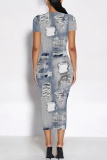 Dark Blue Casual Faux Denim Print O Neck Short Sleeve Bodycon Maxi T-shirt Dress