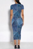 Dark Blue Casual Faux Denim Print O Neck Short Sleeve Bodycon Maxi T-shirt Dress